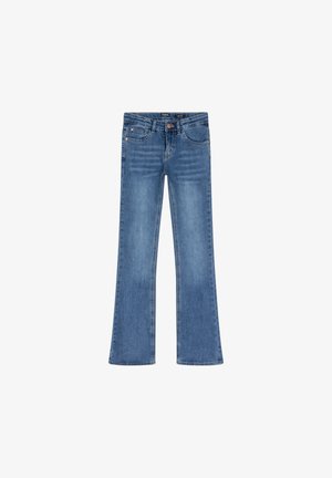 Jean bootcut bleu avec cinq poches et fermeture par bouton, présenté à plat sur fond blanc.