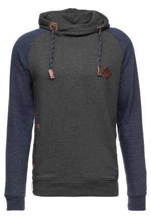 Hooded sweatshirt with a grey body and navy sleeves. Features leather accents, a textured drawstring, and a diamond logo patch on the chest.