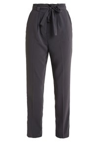 Ciemnoszare spodnie o dopasowanym kroju z wysokim stanem, paskiem do zawiązania, plisami i prostymi nogawkami. Wykonane z gładkiego, lekkiego materiału.
