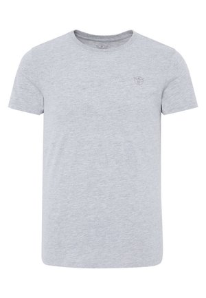 Hellgrau, kurzes T-Shirt aus einem Baumwollmischgewebe; mit Rundhalsausschnitt und einem dezenten Logo auf der linken Brustseite.