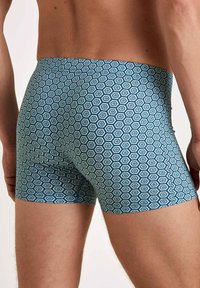 Zwemshorts met een geometrisch hexagonaal patroon in blauw en wit. Gemaakt van soepel materiaal, met een aansluitend ontwerp en een lage taille.