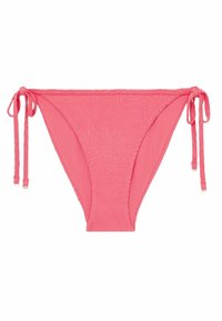 Růžové bikinové dno se šňůrkami na bocích, se strukturovaným květinovým vzorem a hladkým materiálem. Nastavitelné pro dokonalé padnutí, středně vysoký design.