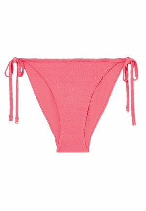 Rózsaszín bikini alsó oldalt kötéssel, texturált virágmintával és sima anyaggal. Állítható a tökéletes illeszkedés érdekében, közepes derékmagasságú kialakítással.