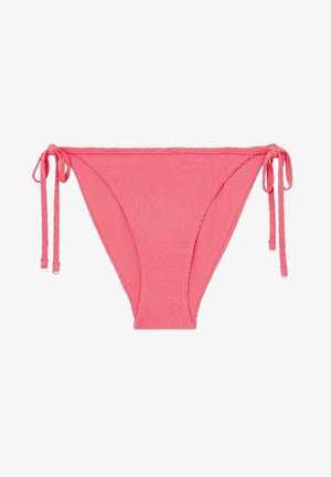 Rožinė bikini kloja su šoninėmis raištelėmis, su tekstūruotu gėlių raštu ir lygiu audiniu. Reguliuojama pritaikymui, vidutinio aukščio dizainas.