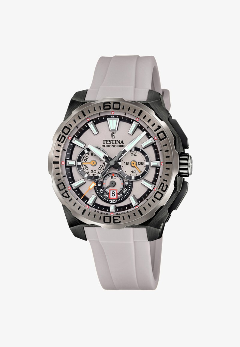 Festina Chrono Bike pulksteņa korpuss ir sudraba metāla, pelēkais ciparnīca, balta silikona siksna, vairāki hronogrāfu ciparnīcas un luminescenti stundu marķieri.