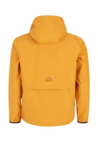 Žltá ľahká bunda s kapucňou, elastickými manžetami a zadným vreckom so sklápacím viečkom. Na chrbte sa nachádza logo. Hladký povrch tkaniny.