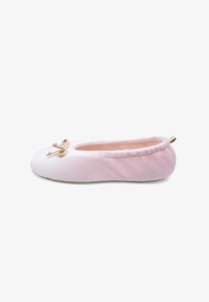 Chausson rose clair en tissu doux, avec un bout rond, un détail de noeud en satin à l'avant et un intérieur rembourré pour le confort.