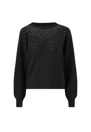 Sort strikket sweater med rund halsudskæring, lange ærmer og et gradientmønster af små sølvfarvede perler på den øverste front. Regular fit.