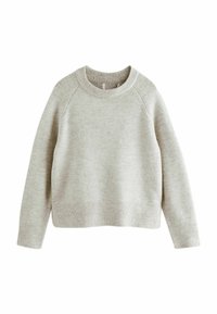 Jasnoszary, teksturowany sweter z prążkowanym okrągłym dekoltem, rękawami raglanowymi i skróconym dołem. Wykonany z miękkiego, ciepłego materiału.