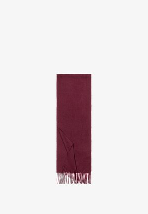 Rectangular dark red scarf with fringed ends, one corner folded to show texture, displayed on a white background.