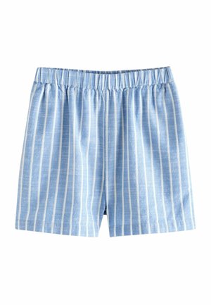 Hellblaue Shorts mit weißen vertikalen Streifen und elastischem Bund, flach auf weißem Hintergrund liegend.