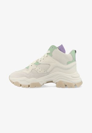 Chunky sneakers met een crème suede bovenwerk, mintgroene en lavendelkleurige accenten, geperforeerde panelen en een dikke beige rubberen zool.