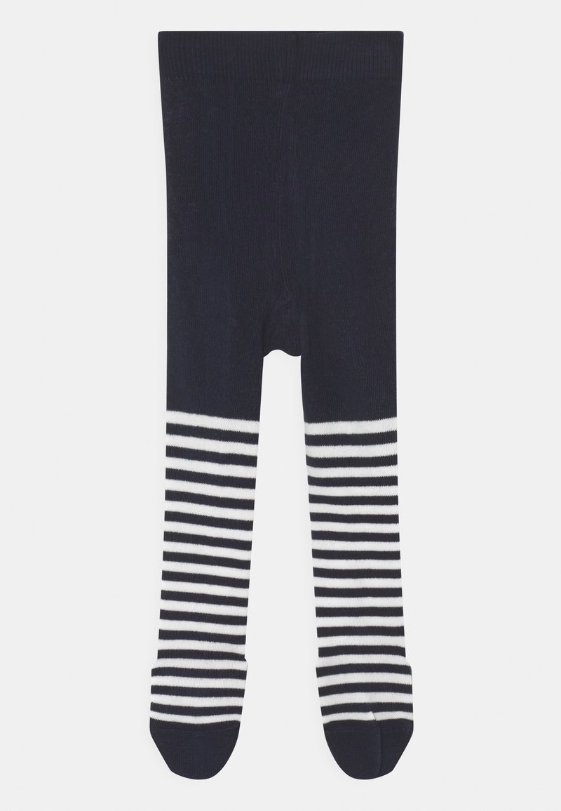 Tamagli blu navy con texture a coste, caratterizzati da un motivo a righe orizzontali bianche nella parte inferiore. Design senza cuciture nella punta.