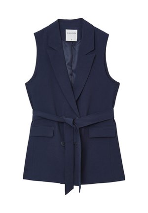 Navy blue sleeveless blazer with a belted waist, lapel collar, and two front pockets. Made from smooth, structured fabric.