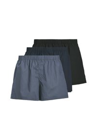 Trois paires de boxers pour hommes en gris foncé, bleu marine et noir. Fabriqués en tissu lisse avec une taille élastique et un design simple.