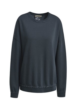 Dark gray long-sleeve crewneck sweatshirt with raw edge detailing on cuffs, hem, and neckline, displayed on white background.