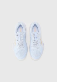 Light blue athletic shoes with mesh upper, lace-up closure, textured overlays, and orange accents. Rounded toe and cushioned sole design.