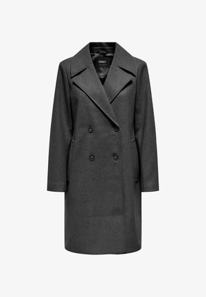 Halluts hallitusest kahekordne mantel, millel on lai krae, tekstureeritud kangas, kaks esist pocket'i ja mustad nupud, ning põlvini ulatuv lõige.