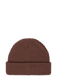 Berretto di lana marrone a maglia con texture a coste, caratterizzato da un risvolto e un sottile dettaglio sulla corona. Tessuto morbido ideale per il calore.