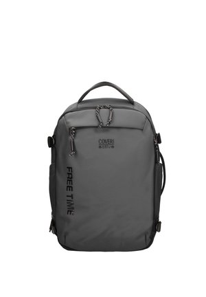 Sac à dos rectangulaire gris foncé avec poignée sur le dessus, deux fermetures éclair à l'avant, texte « COVERI active » et « FREE TIME » sur le panneau avant.