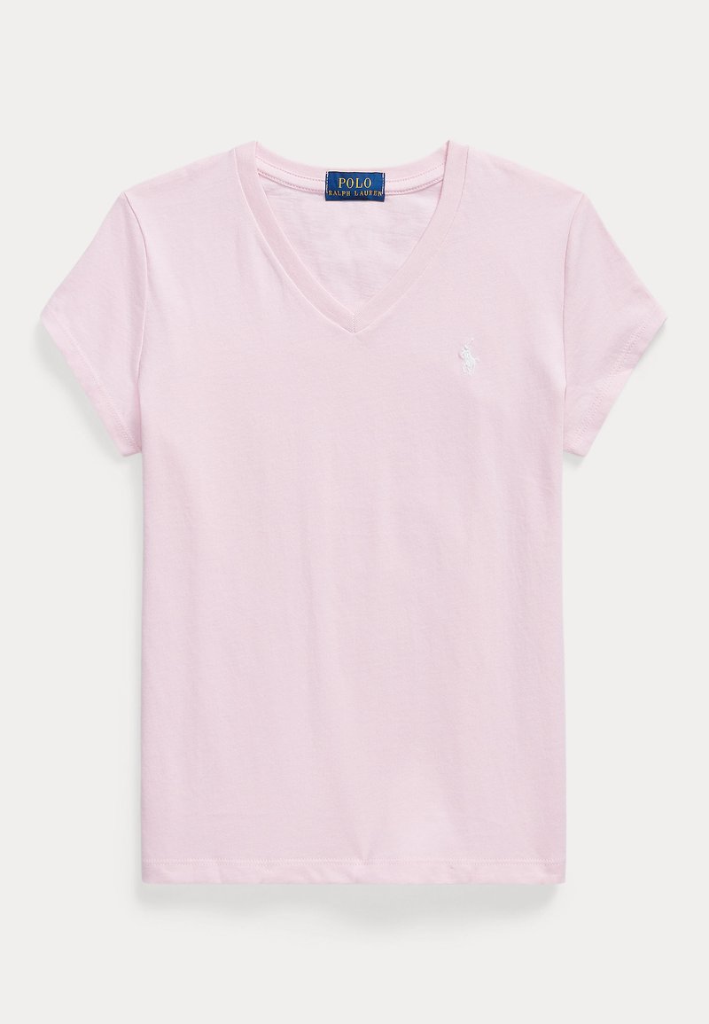 Ανοιχτόροζ κοντομάνικο V-neck t-shirt με μικρό λευκό λογότυπο Polo Ralph Lauren στο αριστερό στήθος και μπλε ετικέτα της μάρκας μέσα στον γιακά.