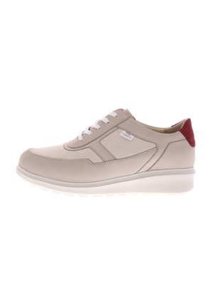 Beige leather sneaker with a smooth finish, white laces, and a red heel accent. Features a cushioned sole and streamlined design.