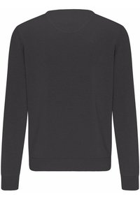 Mørkegrå sweater lavet af blødt stof. Har lange ærmer, ribbede manchetter og kant, rund halsudskæring og et enkelt, ensfarvet design.