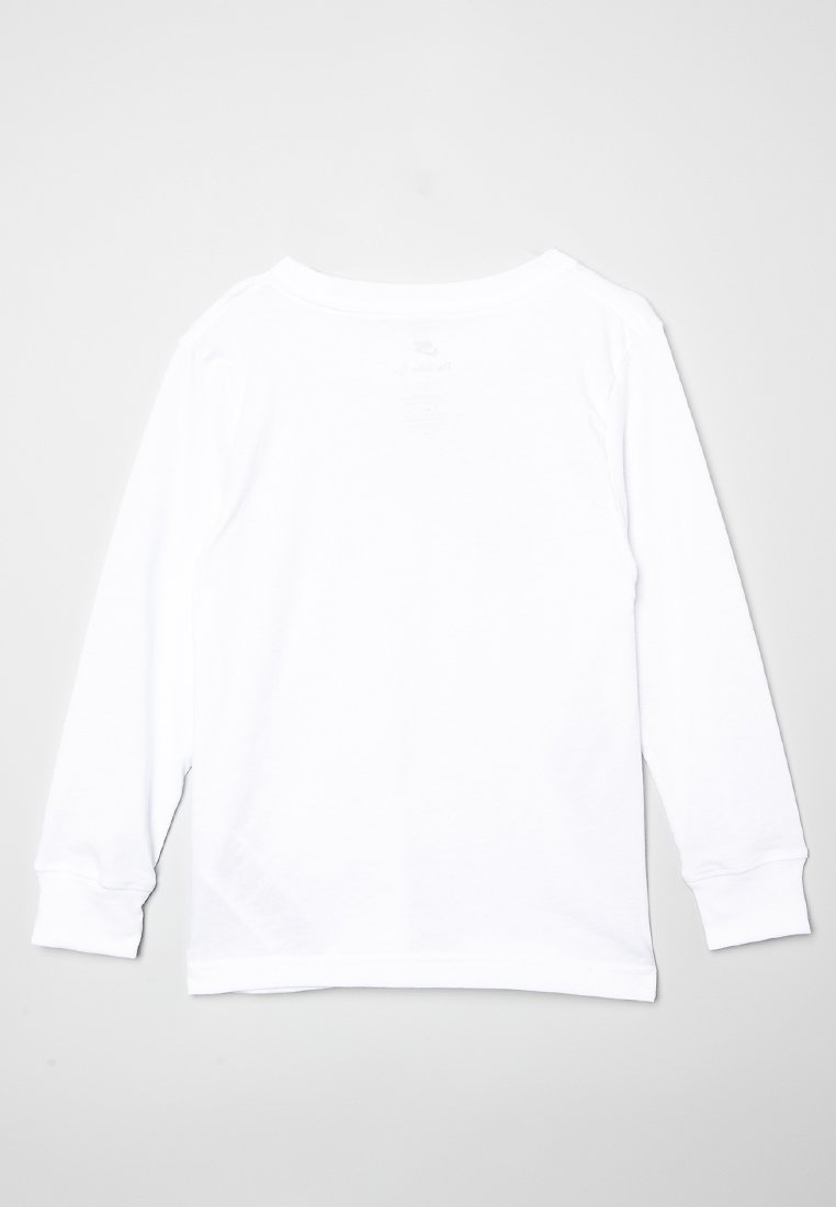 T-shirt blanc à manches longues en mélange de coton lisse, avec un col rond et des poignets côtelés, dos uni sans graphismes.