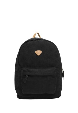 Zwarte corduroy rugzak met een ronde vorm, een voorzak met rits, leren logo-patch en een bovenste stoffen handvat. Beschikt over verstelbare schouderbanden.