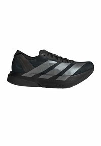 Lightweight black running shoes with reflective silver stripes, featuring a mesh upper, a cushioned midsole, and a sleek design.