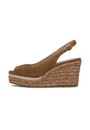 Sandalia cuña con tira trasera de ante marrón, punta abierta, plataforma de yute trenzado y correa ajustable en el tobillo con hebilla.