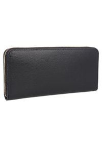Black leather wallet with a textured finish, elongated shape, and gold zipper closure. Simple and sleek design without visible embellishments.