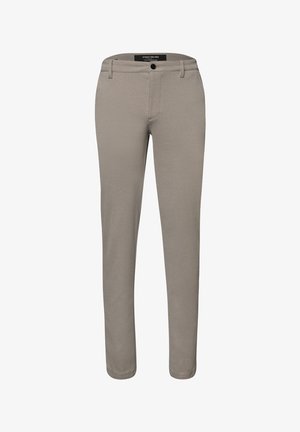 Pantalon beige pour homme, coupe slim, avec fermeture par bouton et zip, passants pour ceinture et poches avant, présenté sur fond blanc.