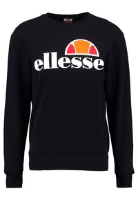 Sweat-shirt noir en coton à manches longues, col rond, avec un grand logo "ellesse" blanc et un motif semi-circulaire coloré sur la poitrine.