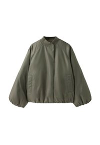 Veste bomber vert olive avec col montant, manches longues bouffantes, poches avant et ourlet et poignets élastiqués.
