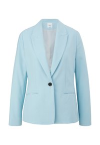 Blazer su misura azzurro chiaro con revers a scellino, chiusura a un bottone, due tasche frontali e una texture liscia.