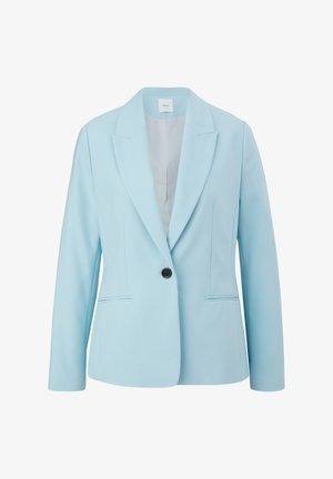 lichtblauwe op maat gemaakte blazer met een notch lapel, enkele knoopsluiting, twee voorzakken en een gladde textuur.