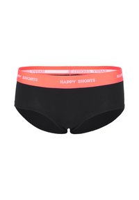 Zwarte shorts voor vrouwen met een brede roze elastische tailleband waarop de tekst "HAPPY SHORTS" in het wit staat. Zachte textuur, aansluitend ontwerp.