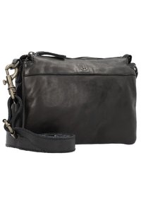 Borsa a tracolla in pelle nera con chiusura a zip, tracolla regolabile e accessori in metallo. Presenta un logo ad ancora impresso sulla parte anteriore.
