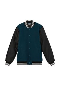 Teal wollen varsity-jack met zwarte leren mouwen, geribbelde gestreepte kraag, twee zijzakken en een voorklipsluiting. Kenmerkt zich door een geborduurd logo.