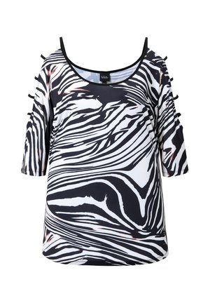 Schwarz-weißes Zebra-Print-Top mit Rundhalsausschnitt, halbhohen Ärmeln und kleinen Bindebändern an den Schultern.