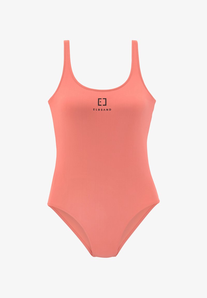 Maillot de bain en une pièce corail, présentant des bretelles larges, un col rond et un logo noir. Tissu lisse et extensible avec un minimum de détails.