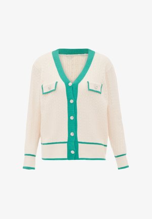 Ivory neulejakku, jossa on V-pääntie, turkoosi reunus, kaksi etutaskua läpillä ja koristeelliset napit, joissa on strassit.