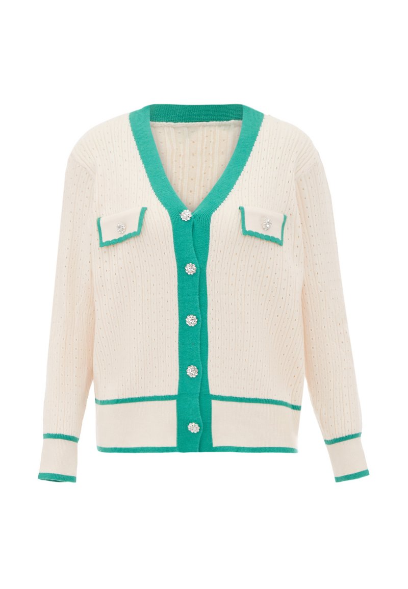 Elfenbensfärgad, stickad cardigan med V-hals, teal-färgade detaljer, två framfickor med lock och dekorativa knappar med rhinestones.