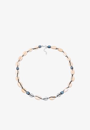 Halskæde med vekslende beige muslingeskaller og mørkeblå akcentperler, strenget på sort tråd, med en sølvfarvet lås.