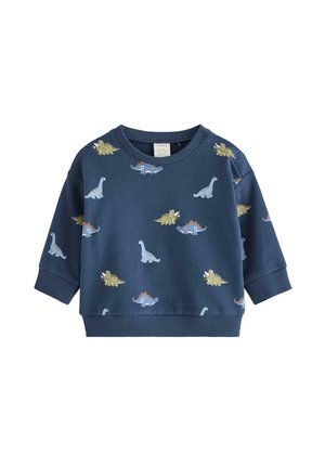 Marineblå sweatshirt til småbørn med lange ærmer, med farverige dinosaurmønstre i grøn, blå og orange over stoffet.