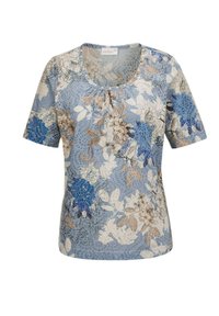 Kurzärmliges Blumenoberteil in Blau, Beige und Weiß. Merkmale einen runden Ausschnitt mit sanften Falten und dekorativer Naht. Leichter Stoff.