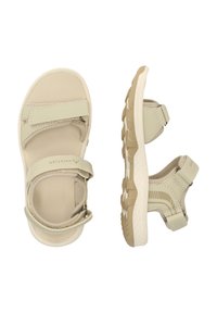 Hellebeige Sandalen mit verstellbaren Riemen, strukturiertem Fußbett und Gummisohle mit einem gemusterten Profil für Stabilität.