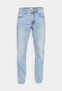 Light blue jeans made of denim, featuring a straight leg cut, five-pocket design, and subtle fading throughout for a worn look.