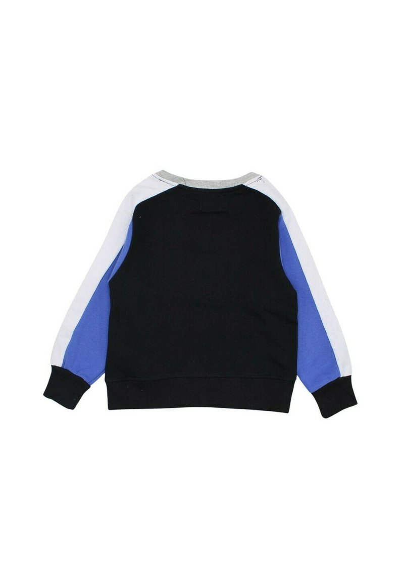 Sudadera negra de cuello redondo con mangas multicolores en azul, blanco y gris. Tejido suave con puños y dobladillo acanalados.